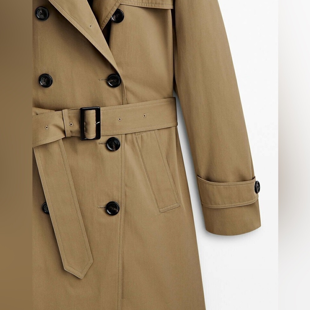 NWT. Massimo Dutti Tan 100% Cotton Long Trench Coat with Belt. Size XS. - Picture 8 of 14